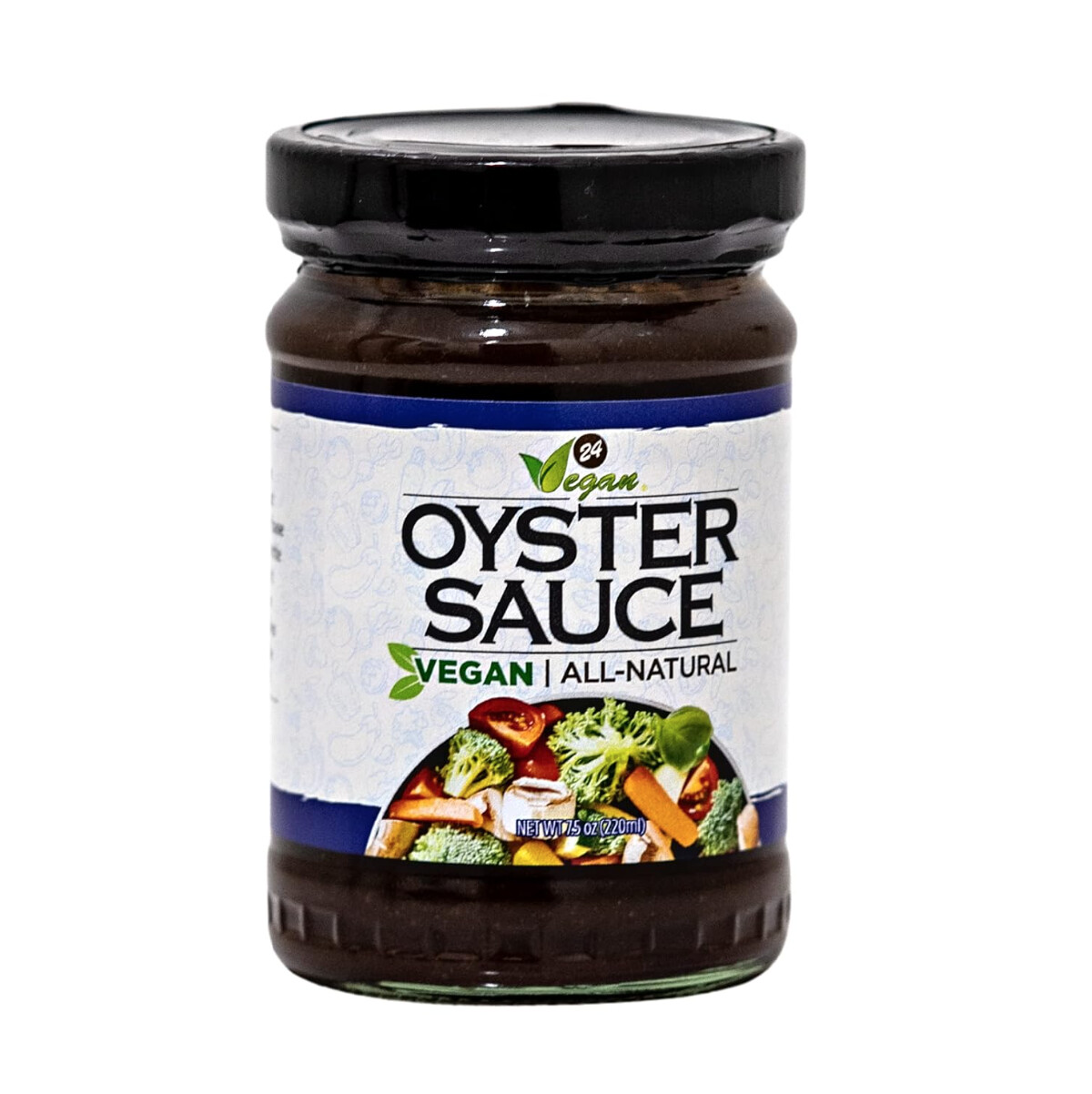 A glass bottle of 24 vegan oyster sauce with black lid on a white background. 