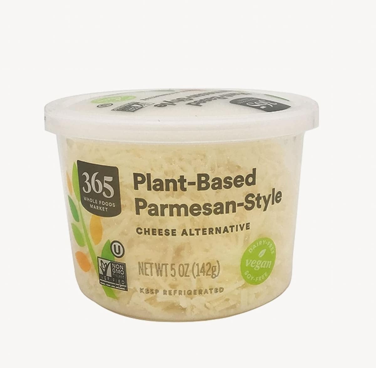A container of 365 Whole Foods Market brand plant-based, parmesan-style cheese.