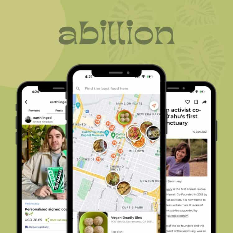 The abillion vegan app photos showing the restaurant search feature.