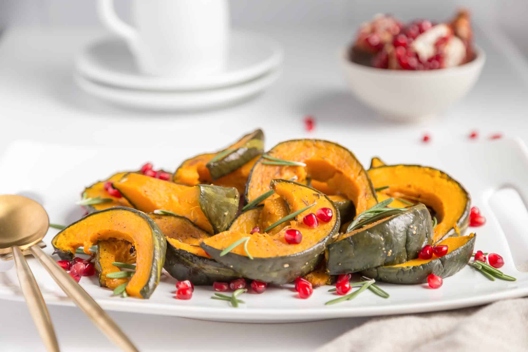 Air-fried kabocha squash with pomegranates.