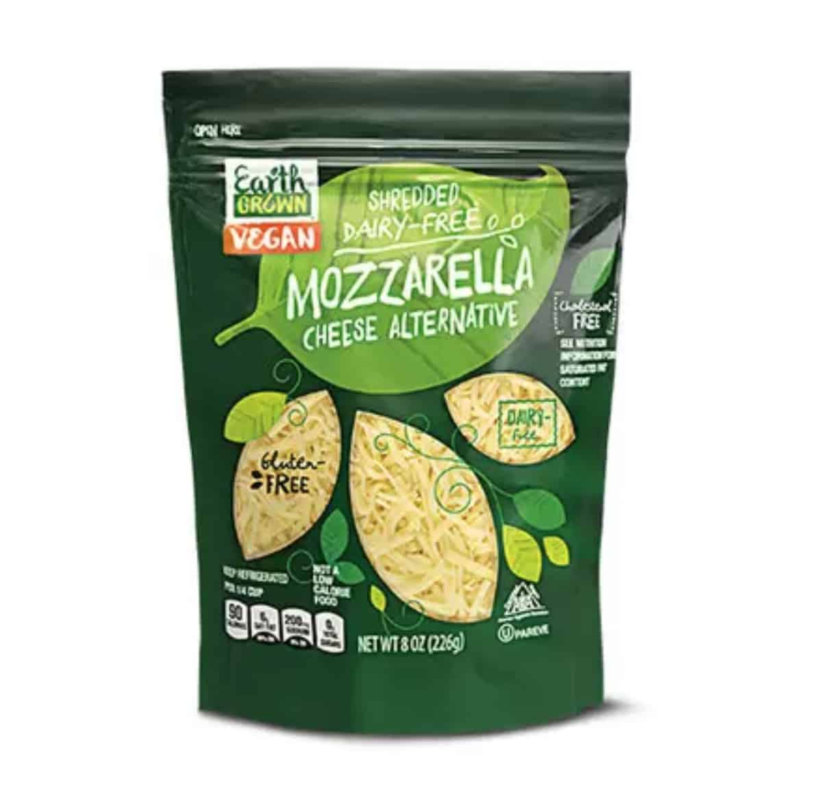 A dark green pouch of Earth Grown Dairy-Free Mozzarella cheese shreds by Aldi on a white background. 