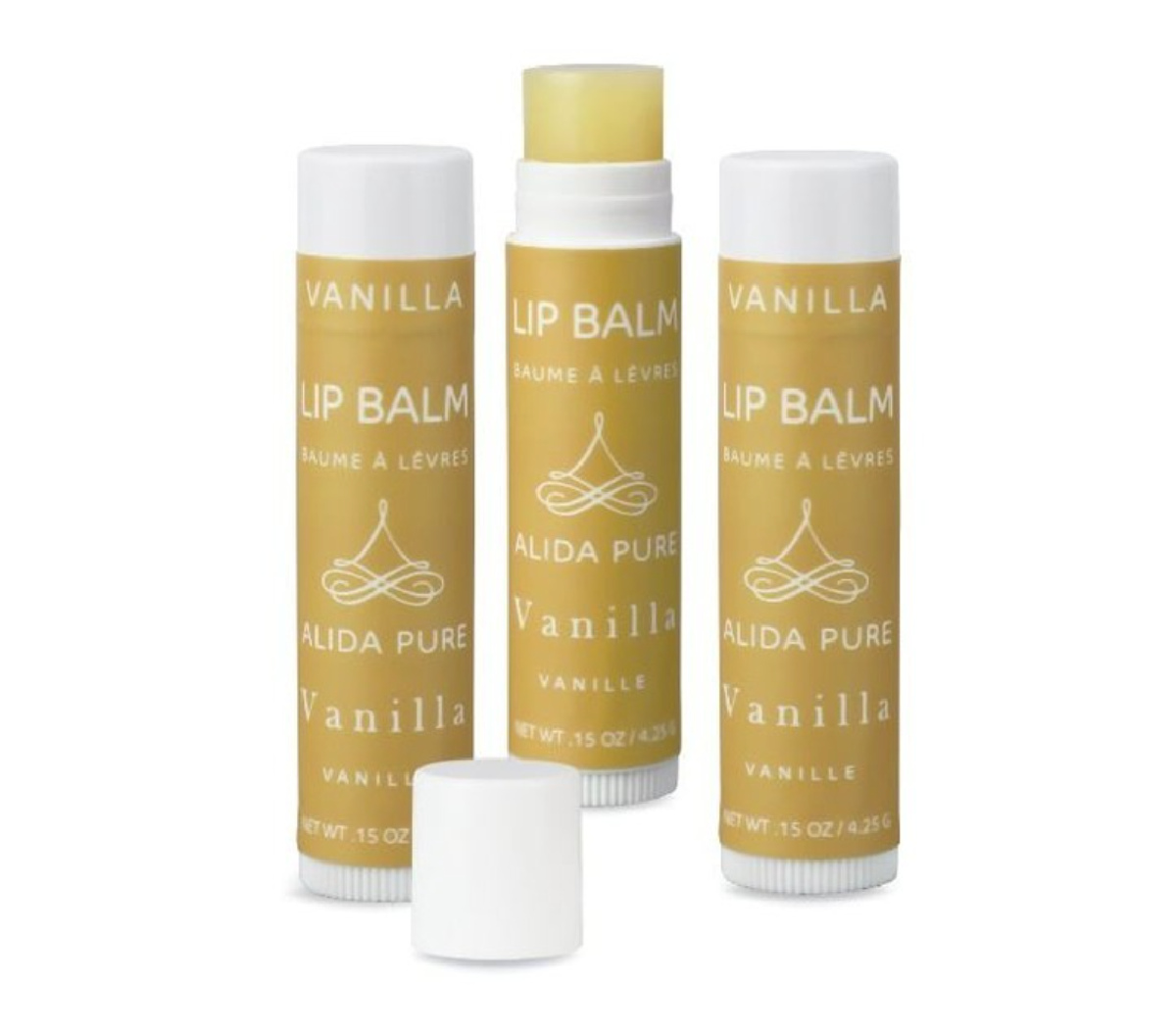 Three tubes of Alida Pure vegan lip balm with gold color labels against a white background. 