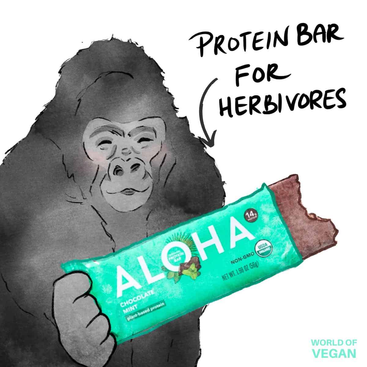 Vegan art showing a big strong gorilla holding out an Aloha protein bar.