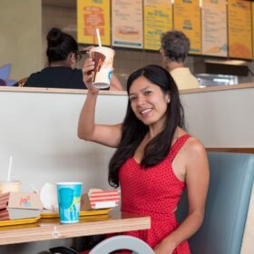 toni okamoto at amys drive thru vegetarian fast food restaurant