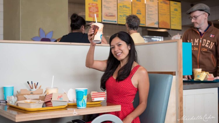 toni okamoto at amys drive thru vegetarian fast food restaurant