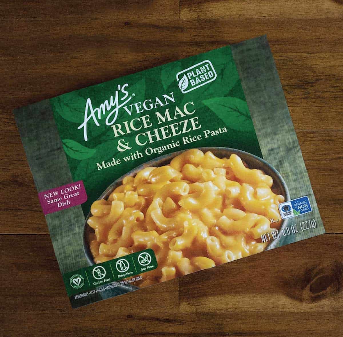 A box of Amy's Kitchen Vegan Rice Mac And Cheeze.