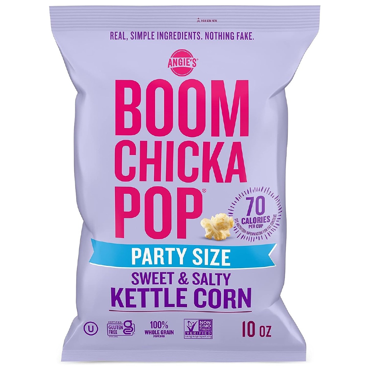 A purple bag of Angie's Boom Chicka Pop Sweet & Salty Kettle Corn Popcorn against a white background.