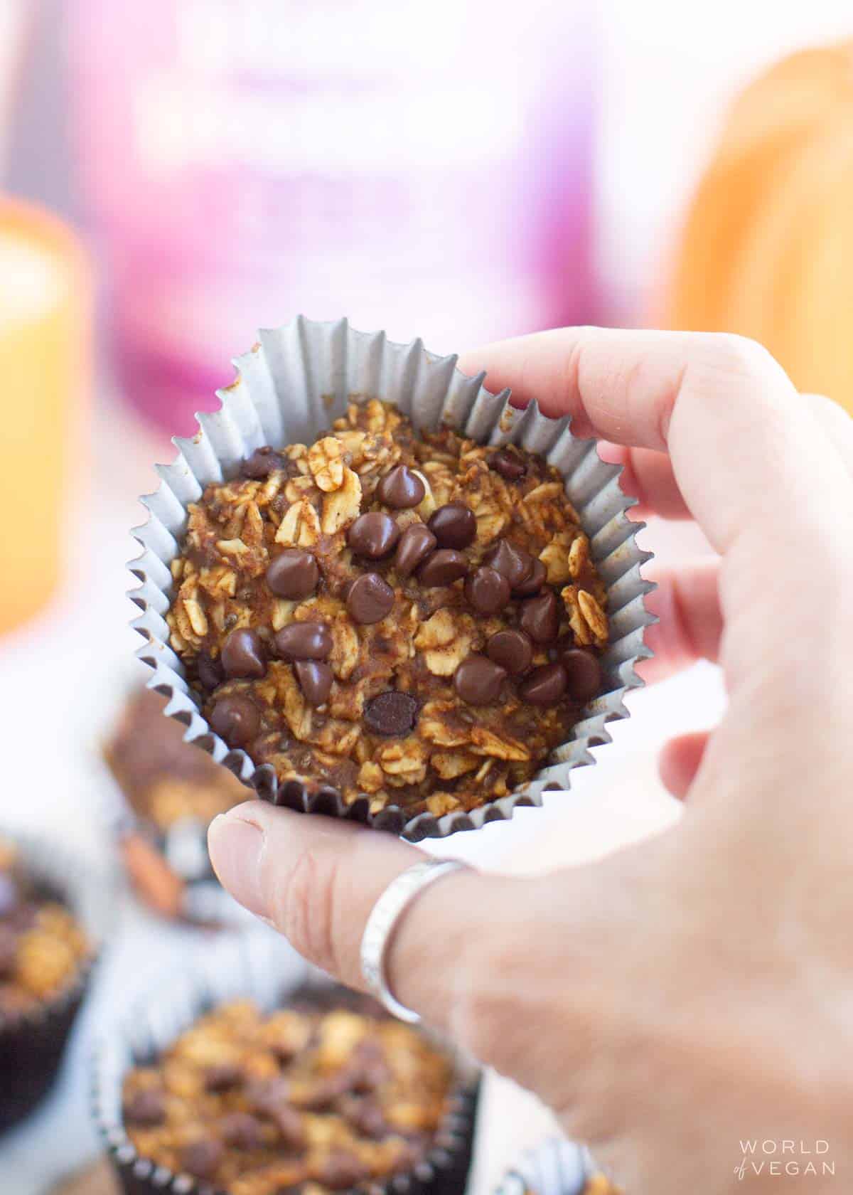 A hand holding up an oatmeal bite, topped with a generous amount of chocolate chips.