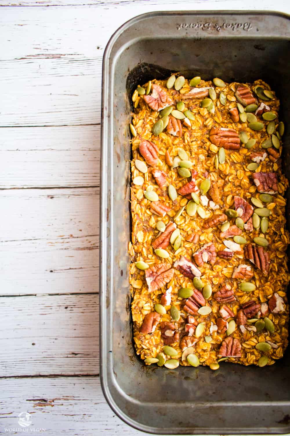 Baked Pumpkin Oatmeal in a baking pan.