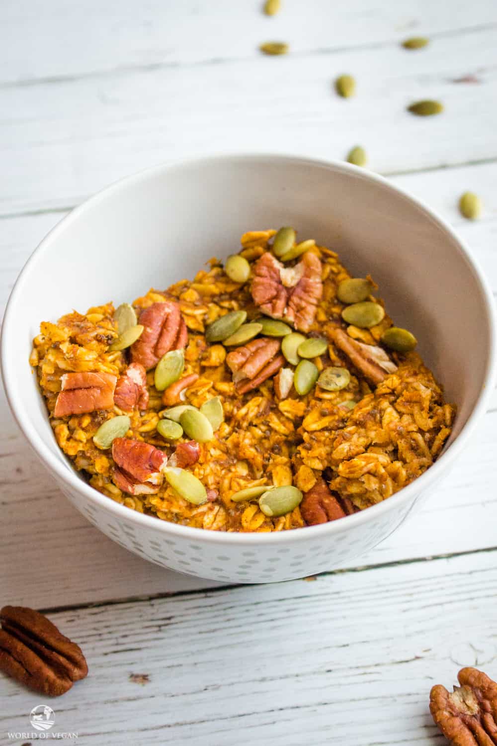 Baked Pumpkin Oatmeal up close in a bowl.