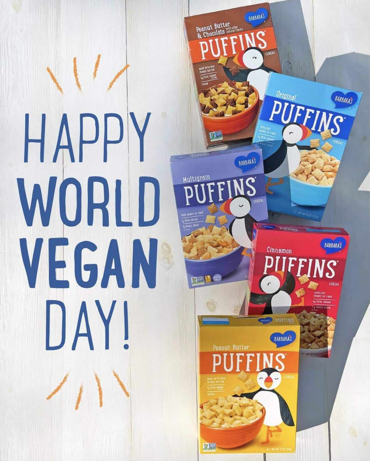 Barbaras Puffins World Vegan Day Cereal Graphic