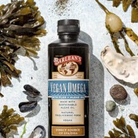 A bottle of Vegan omega-3 vitamin oil from Barlean's on a flat table surrounded by fresh sea kelp.