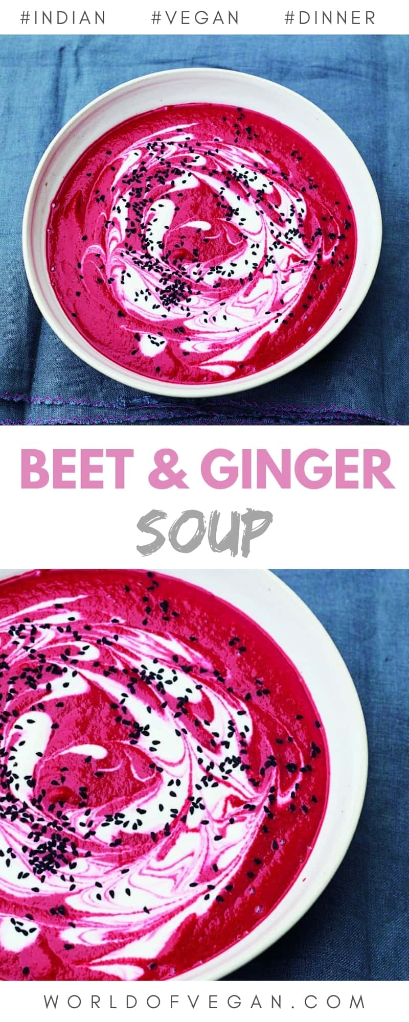 Creamy Pink Vegan Beet Soup Potatoes Onions Garlic and Ginger in a white bowl on a blue tablecloth