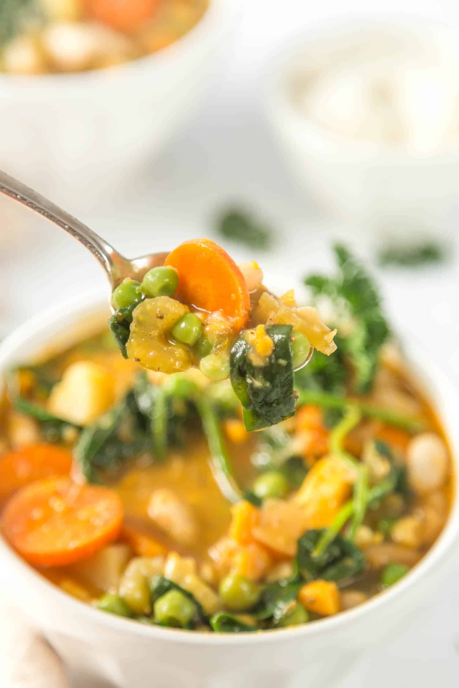 spoonful of vegan stew with veggies and beans