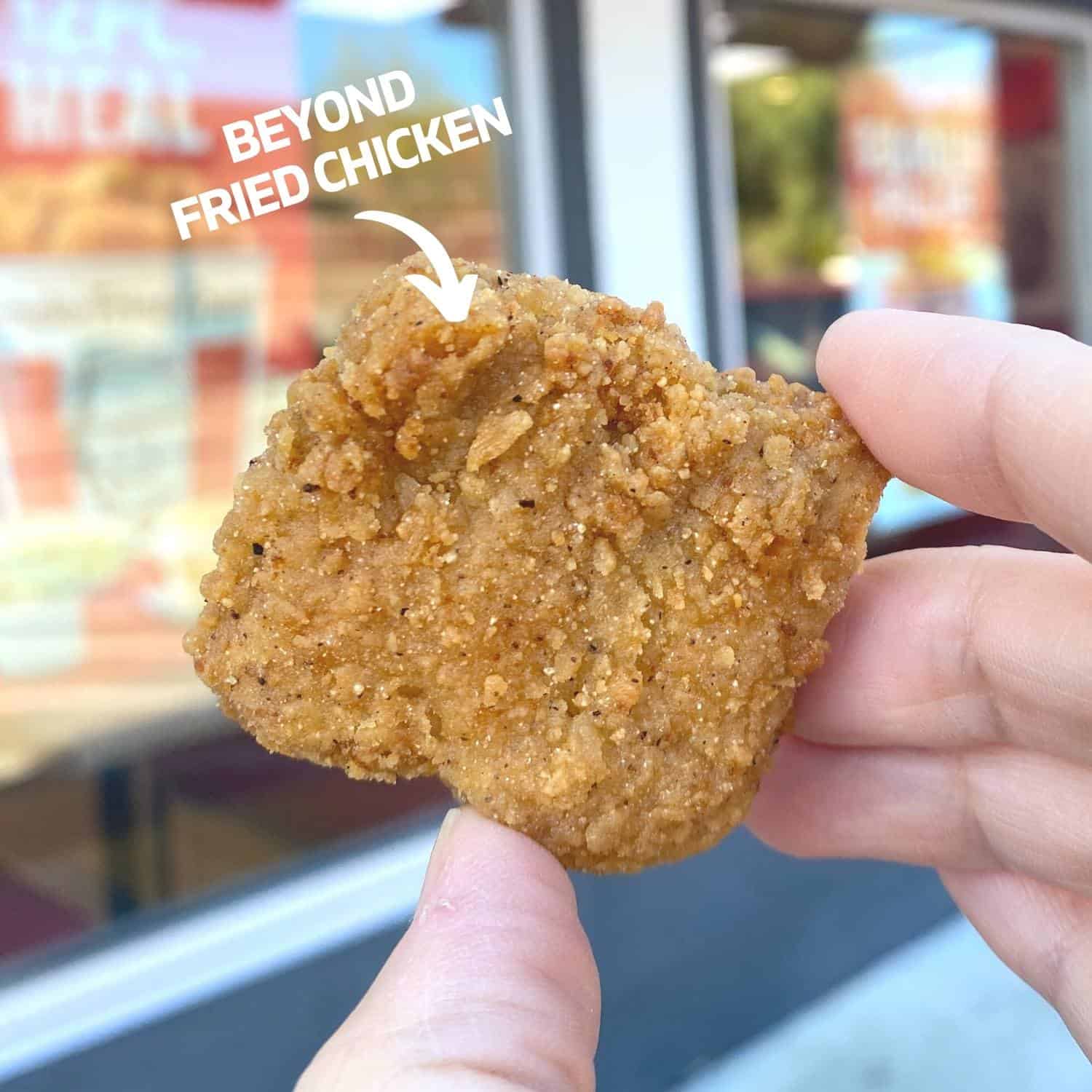 Beyond Fried Chicken vegan kfc nugget up close photo.