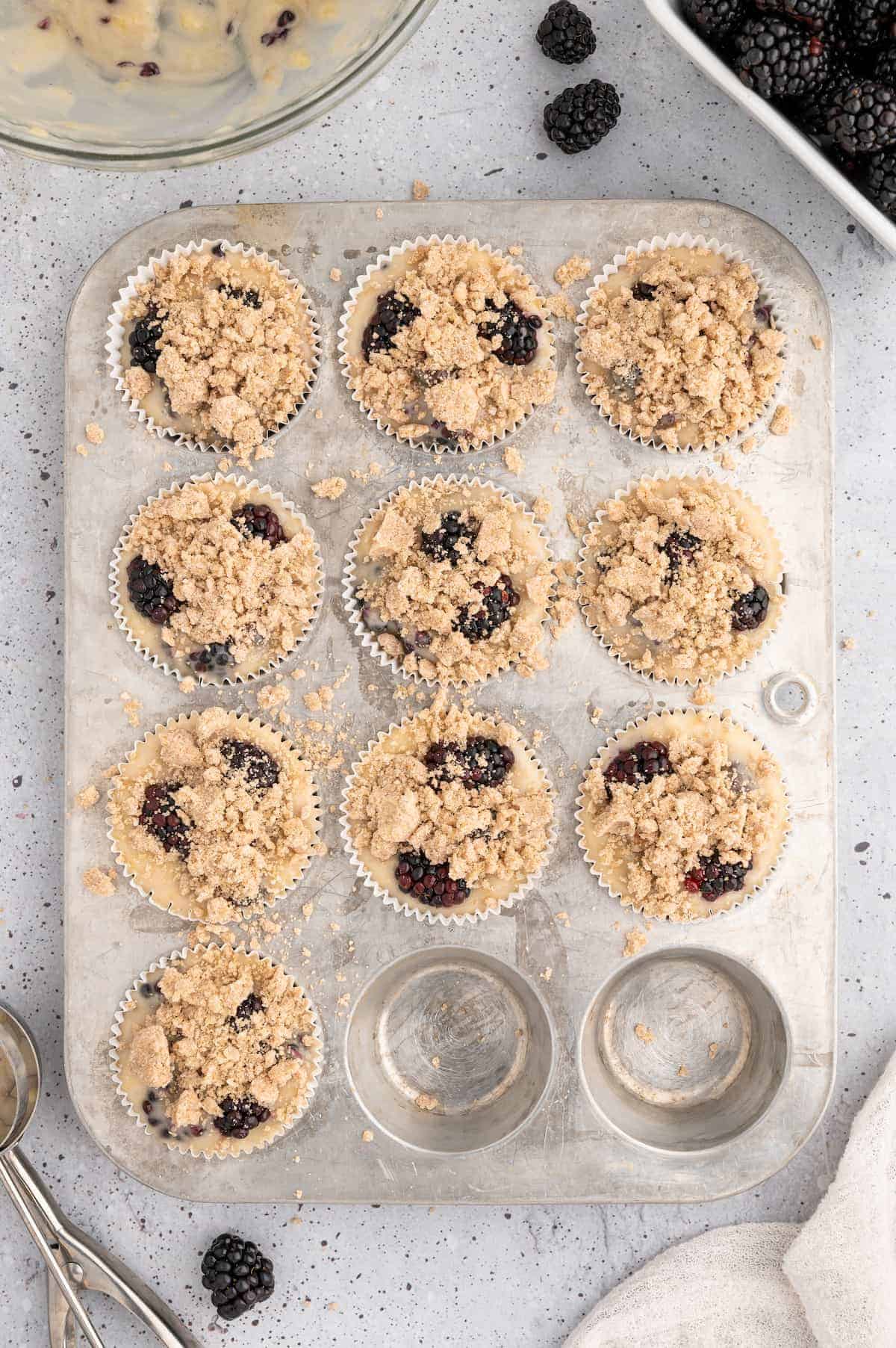 Blackberry muffin batter in a muffin tin topped with fresh raspberries and crumb topping.