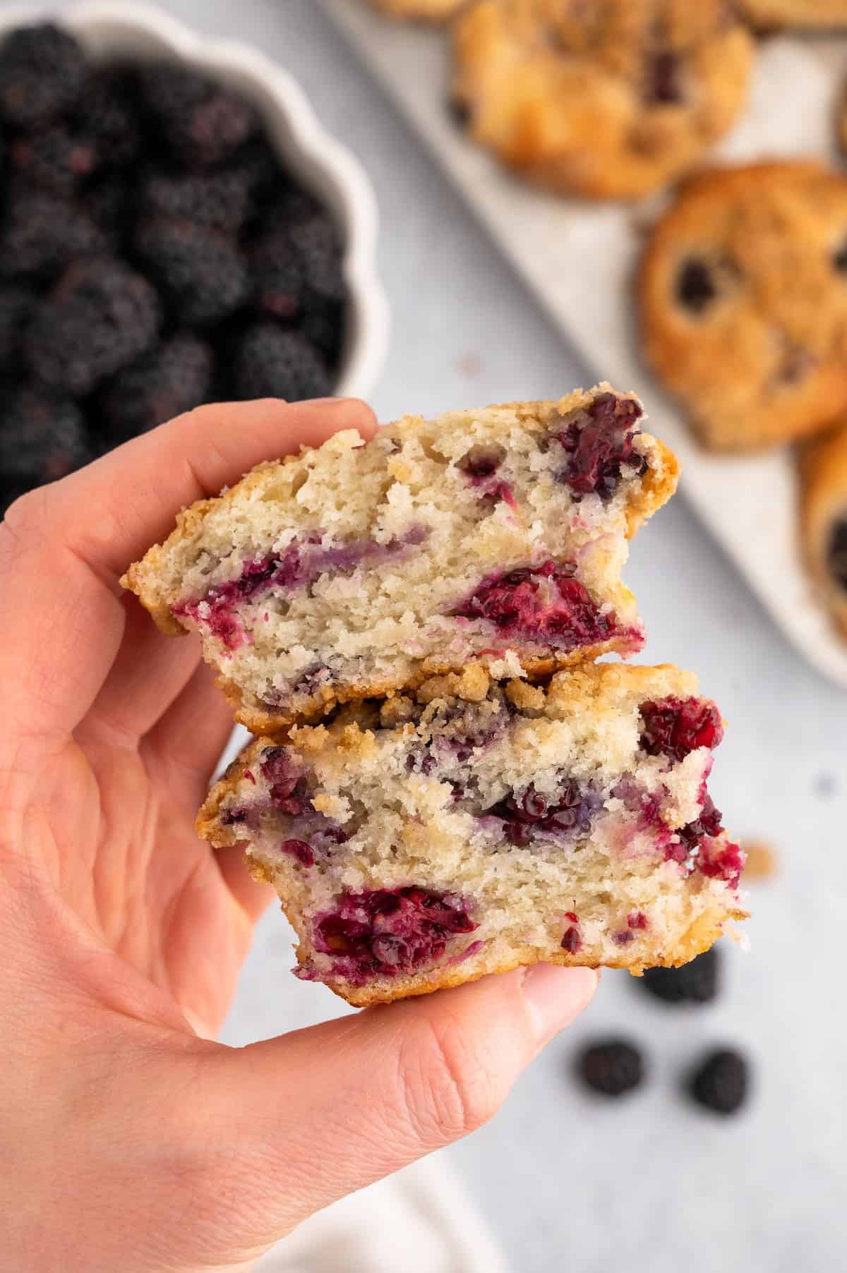 Blackberry vegan muffins, cut in half to show the interior.