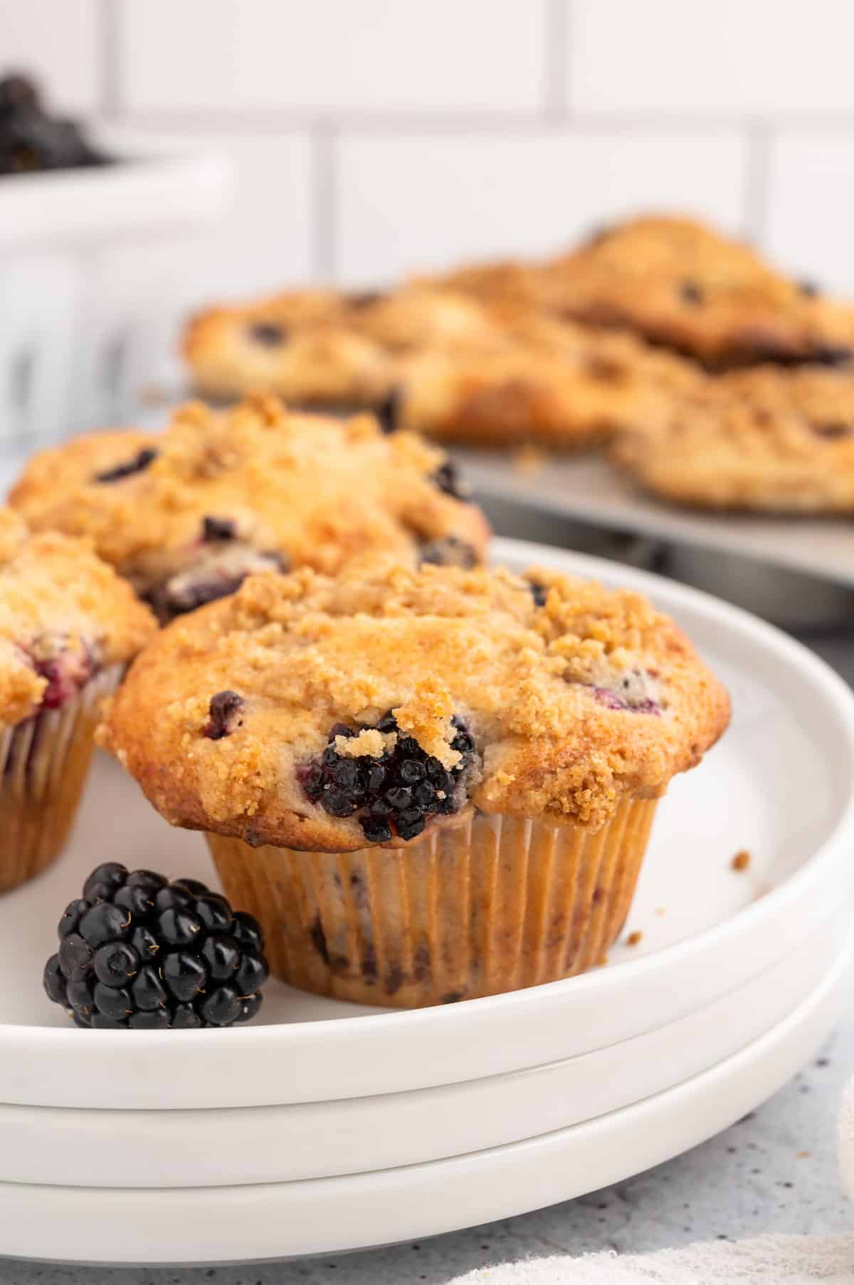 A vegan blackberry muffin on a plate.