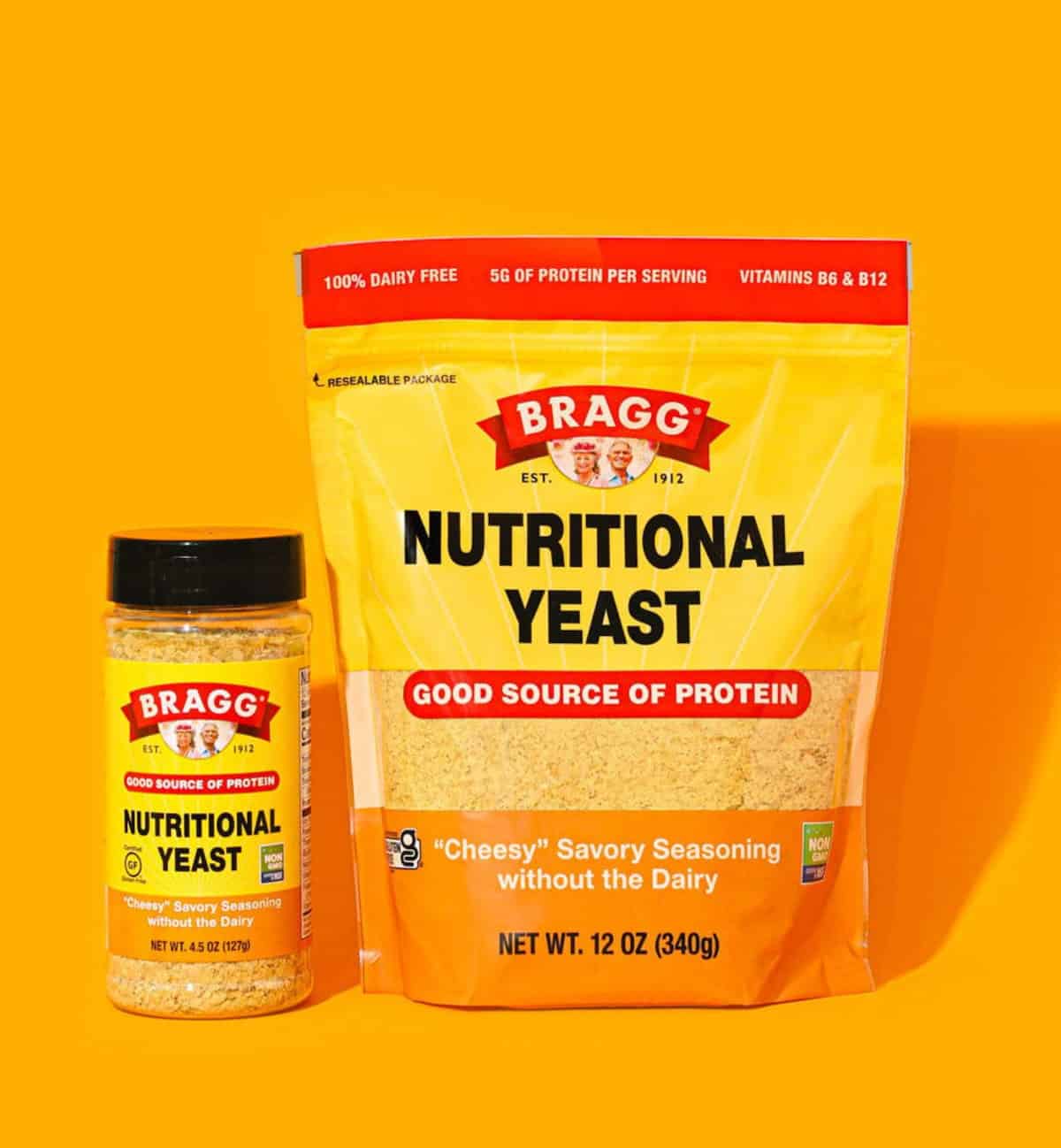 A bag and container of Bragg nutritional yeast.