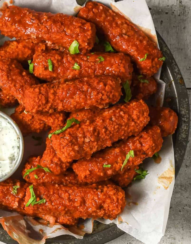 plate of buffalo fried tofu with ranch dressing