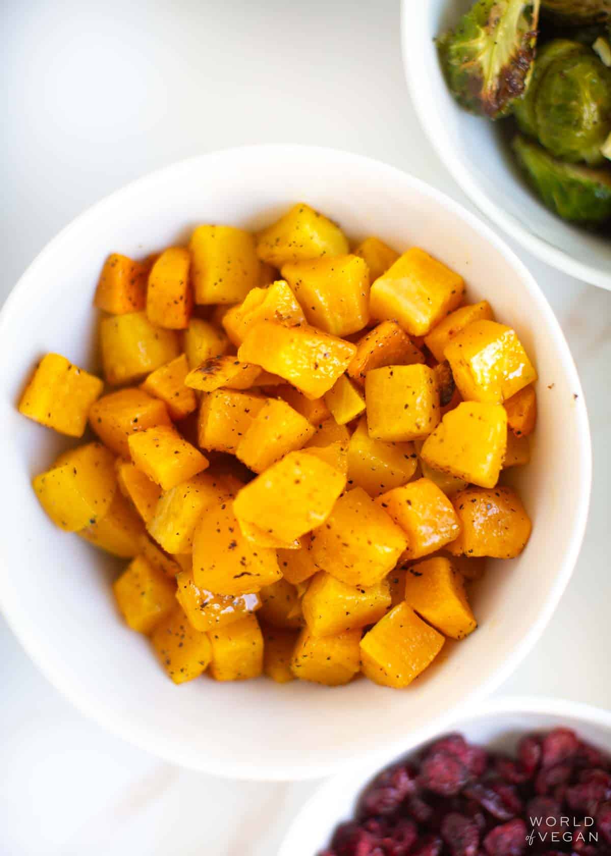 A bowl of chopped, roasted butternut squash.