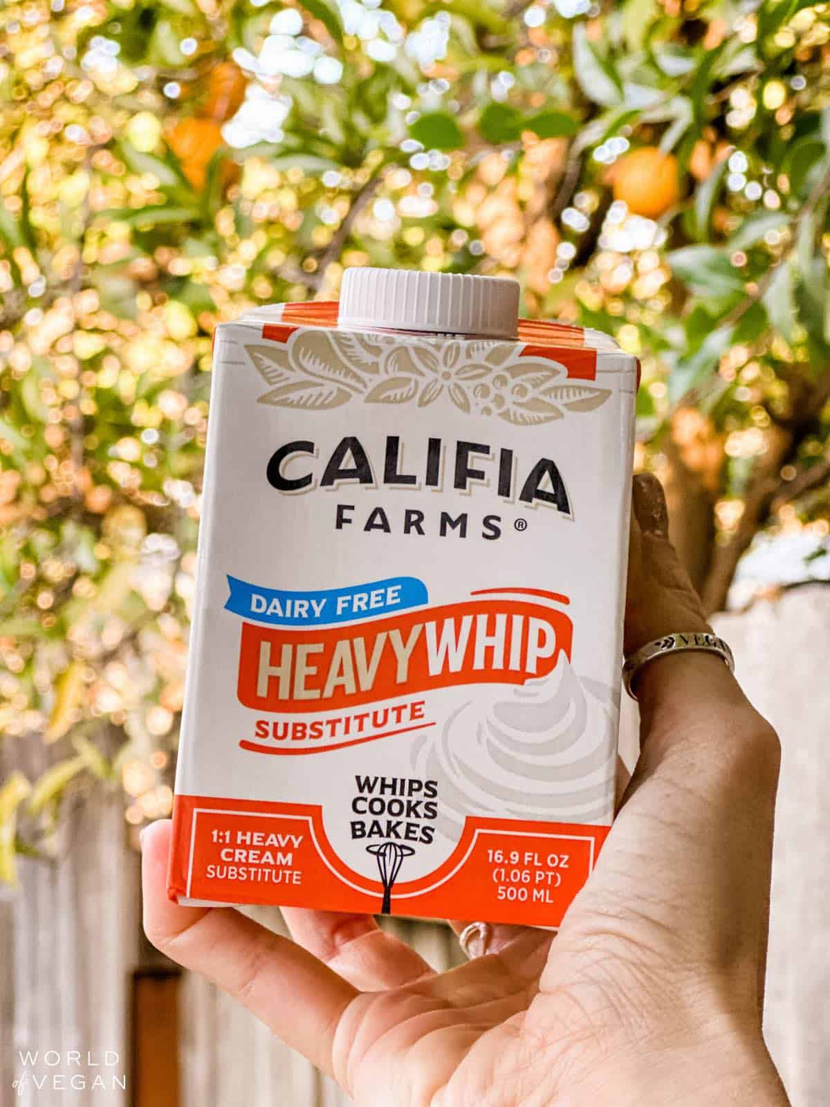 Dairy-free heavy whipping cream in a carton from Califia Farms. 