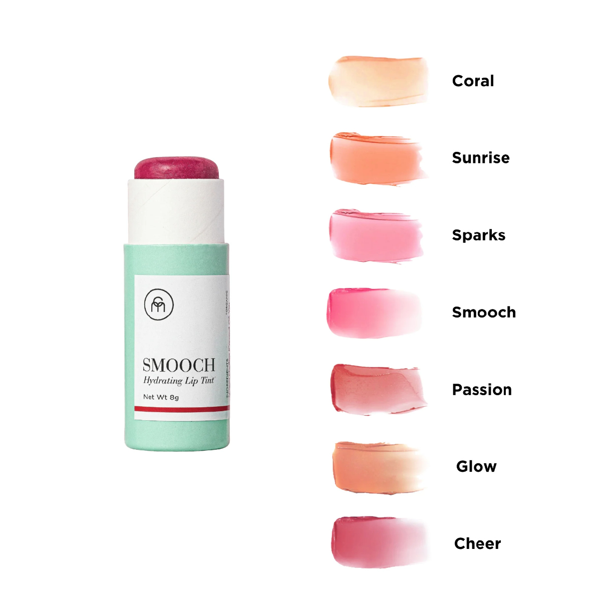 A pale green and white tube of Coconut Matter lip balm tint along side a column of colored lip tint swatches on a white background. 