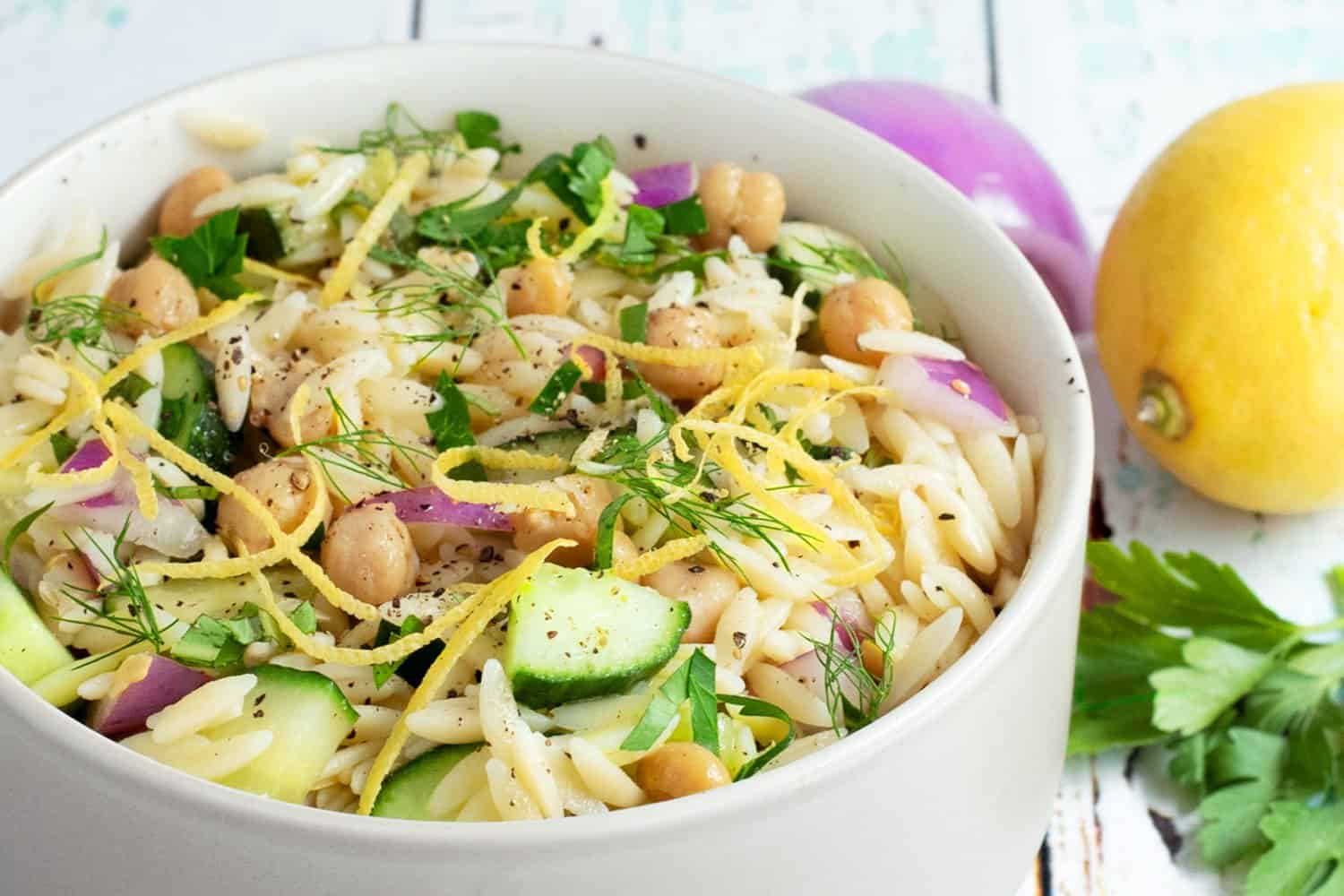 Cold Vegan Chickpea Orzo Salad