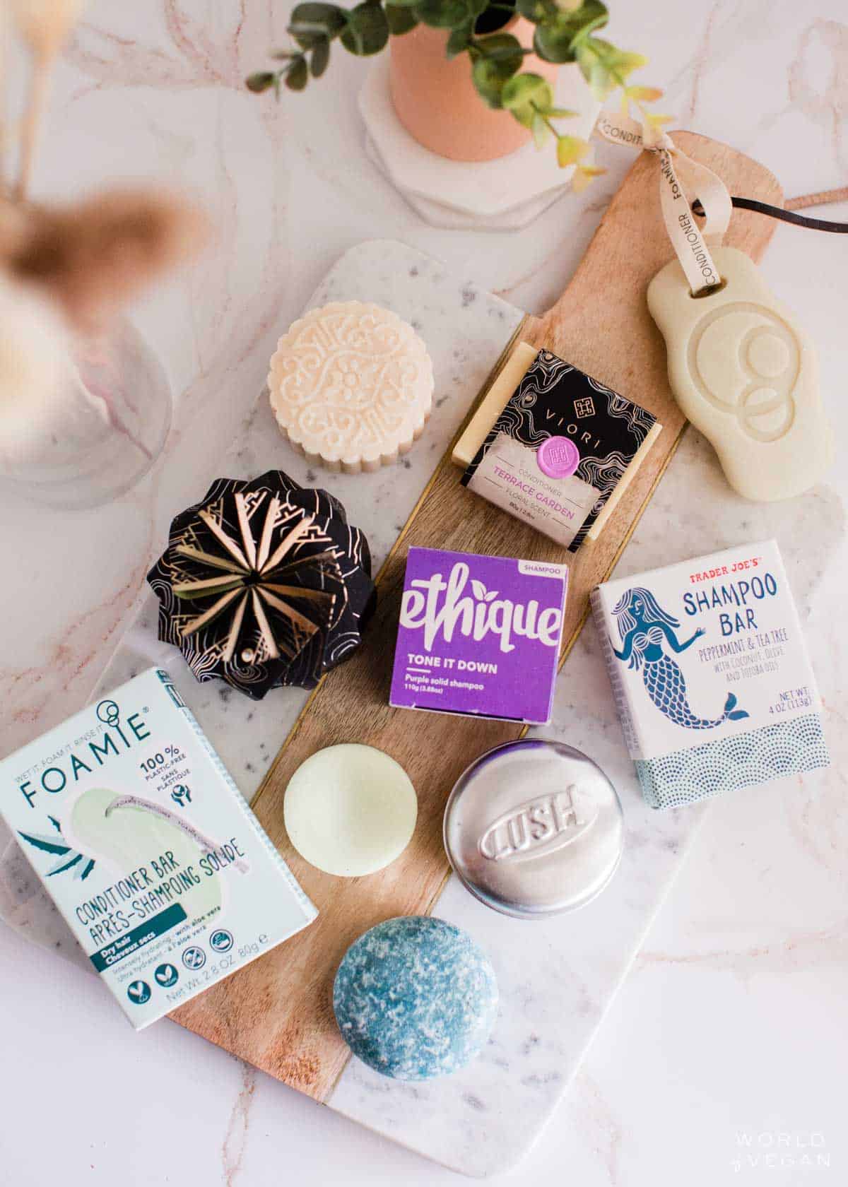 Brands of shampoo bars including Ethique, LUSH, Unwrapped Life, Viori, Trader Joe's, and Foamie. 