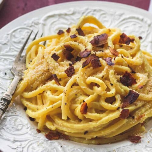 Dairy Free Carbonara Pasta with vegan coconut bacon