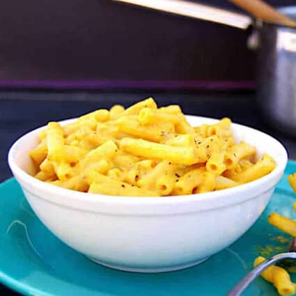A bowl filled with dairy free mac and cheese.