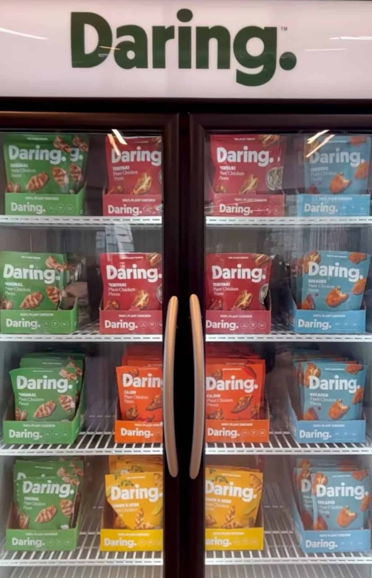 A display case of Daring brand vegan chicken.