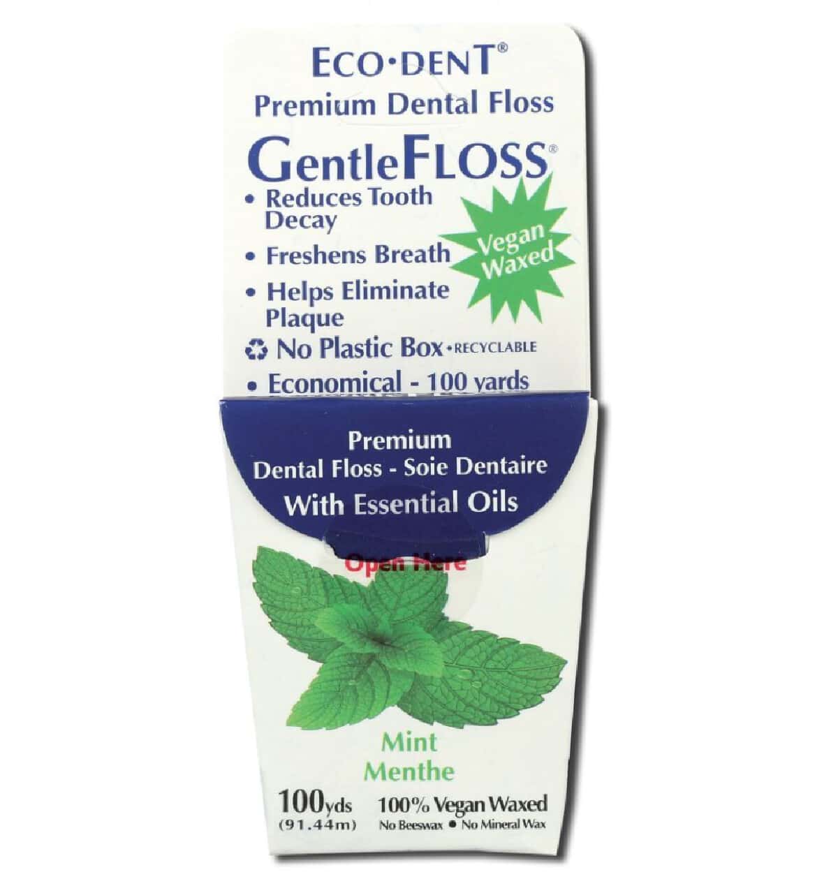A white box with blue writing of Eco Dent Mint Gentle Floss against a white background.