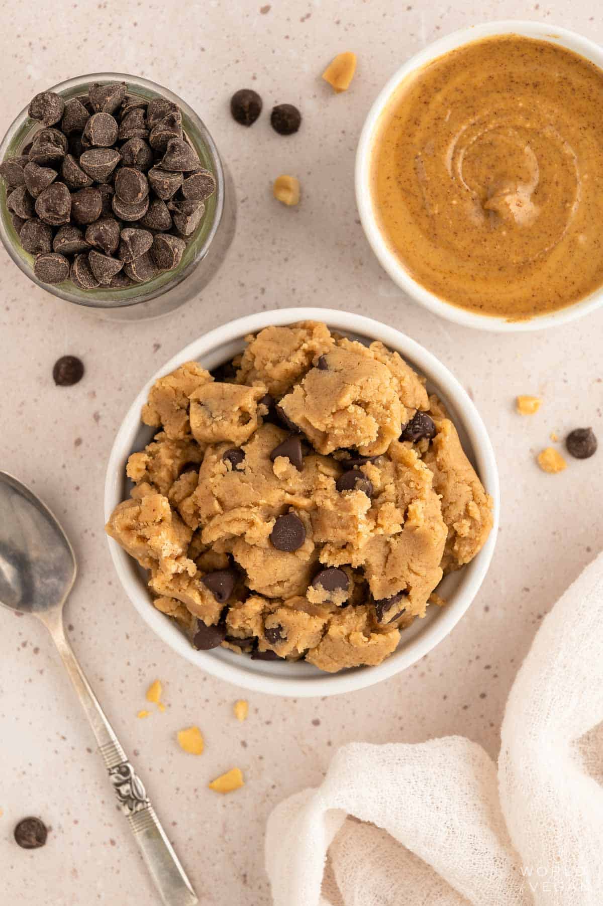 Bowl of edible peanut butter cookie dough. 