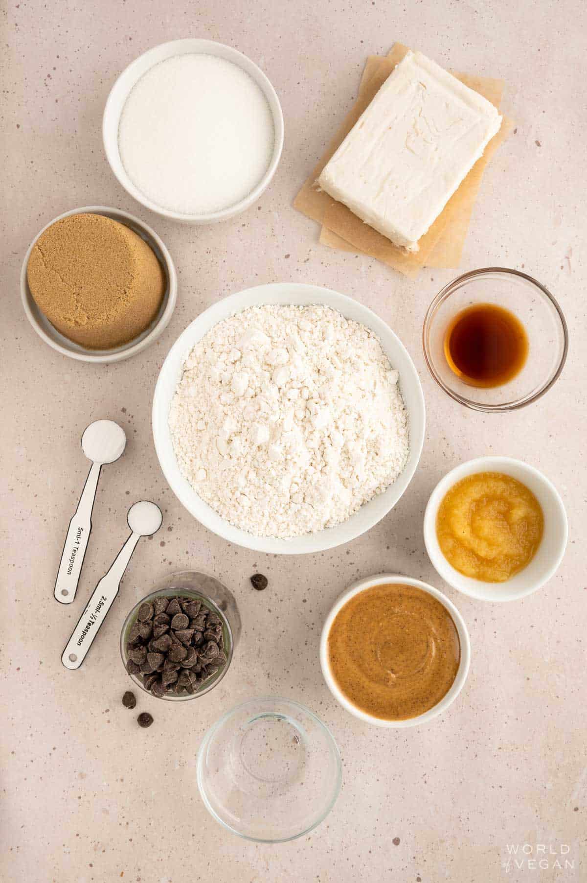 Edible peanut butter cookie dough ingredients flatlay. 