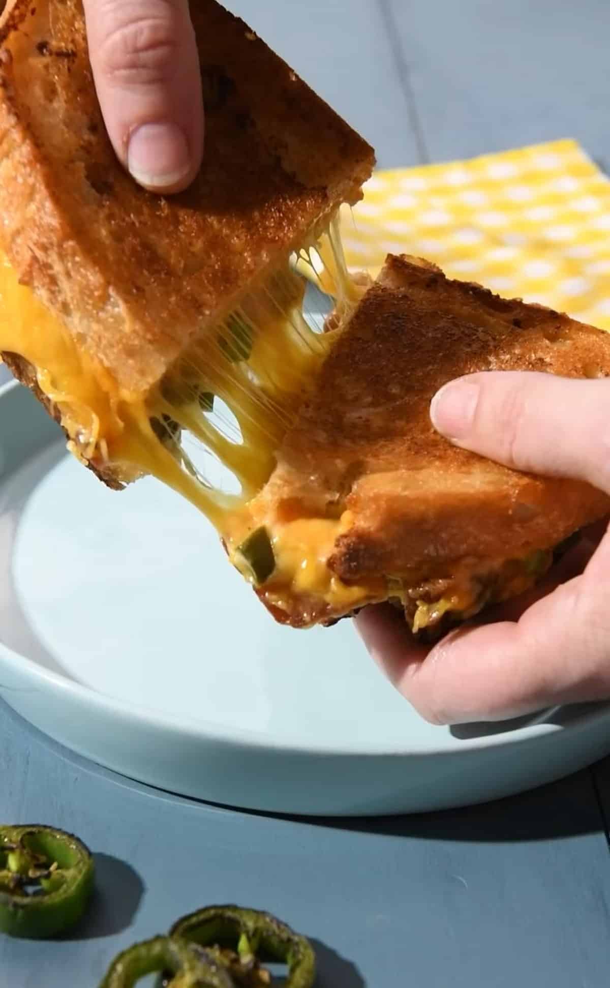 A vegan cheddar jalapeno popper sandwich made with Follow Your Heart brand vegan cheese.