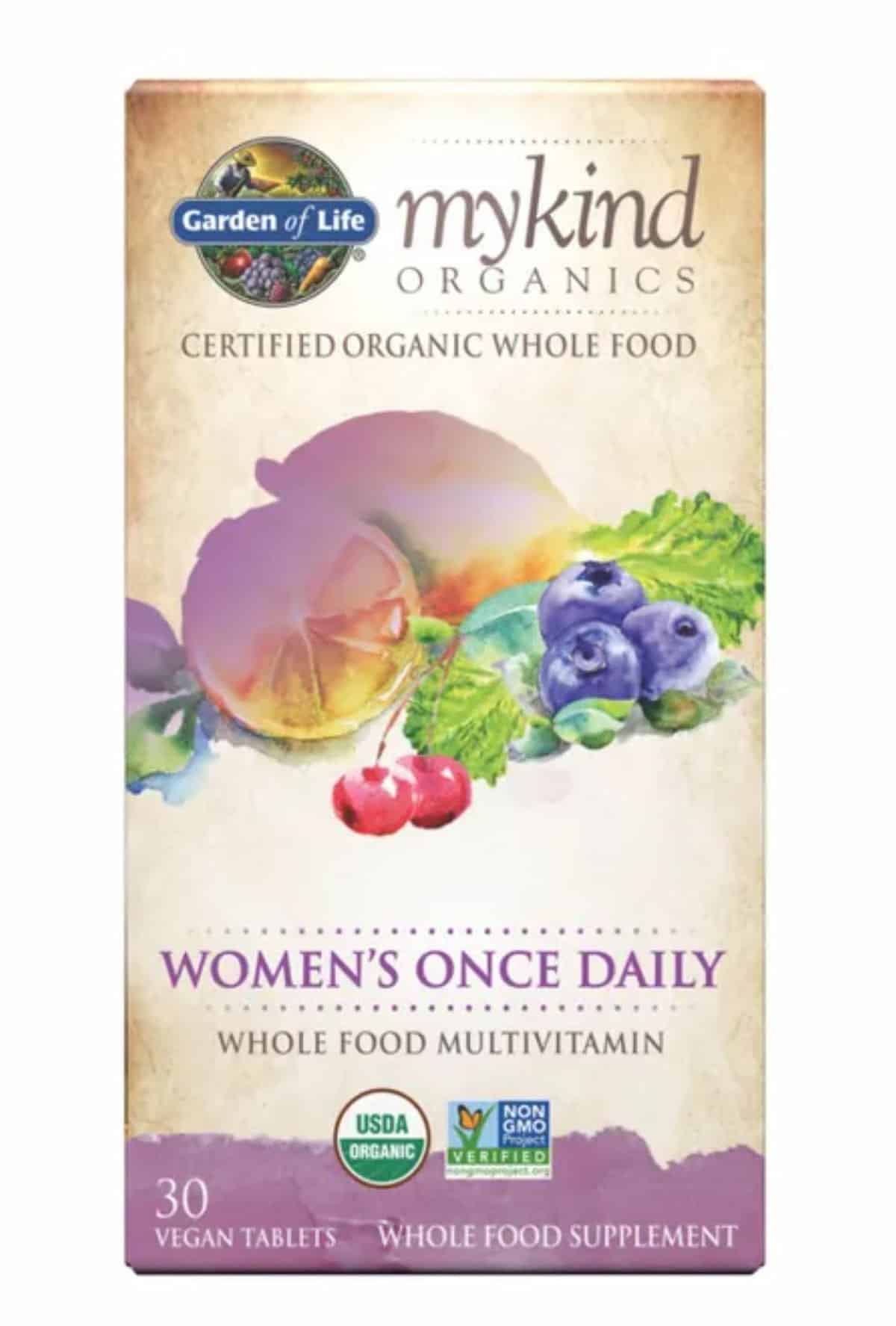 A package of Garden of Life Brand mykind vegan multivitamins.