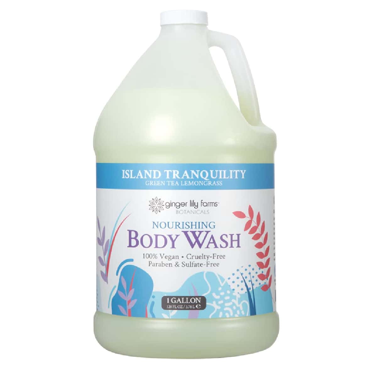 A blue and white gallon jug of Ginger Lily Farms vegan body wash against a white background. 