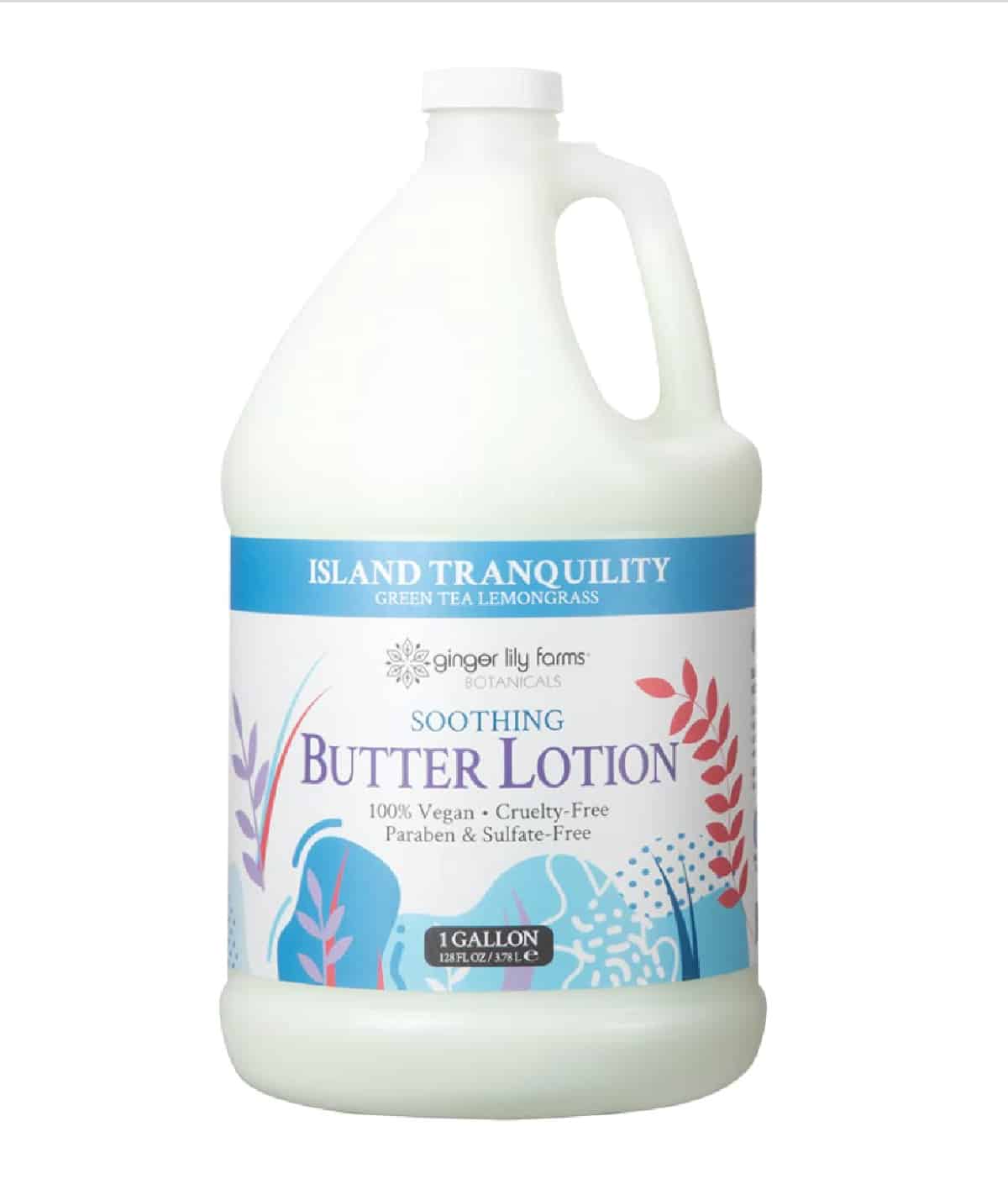 A white gallon jug of Ginger Lily Farms Butter Lotion against a white background.