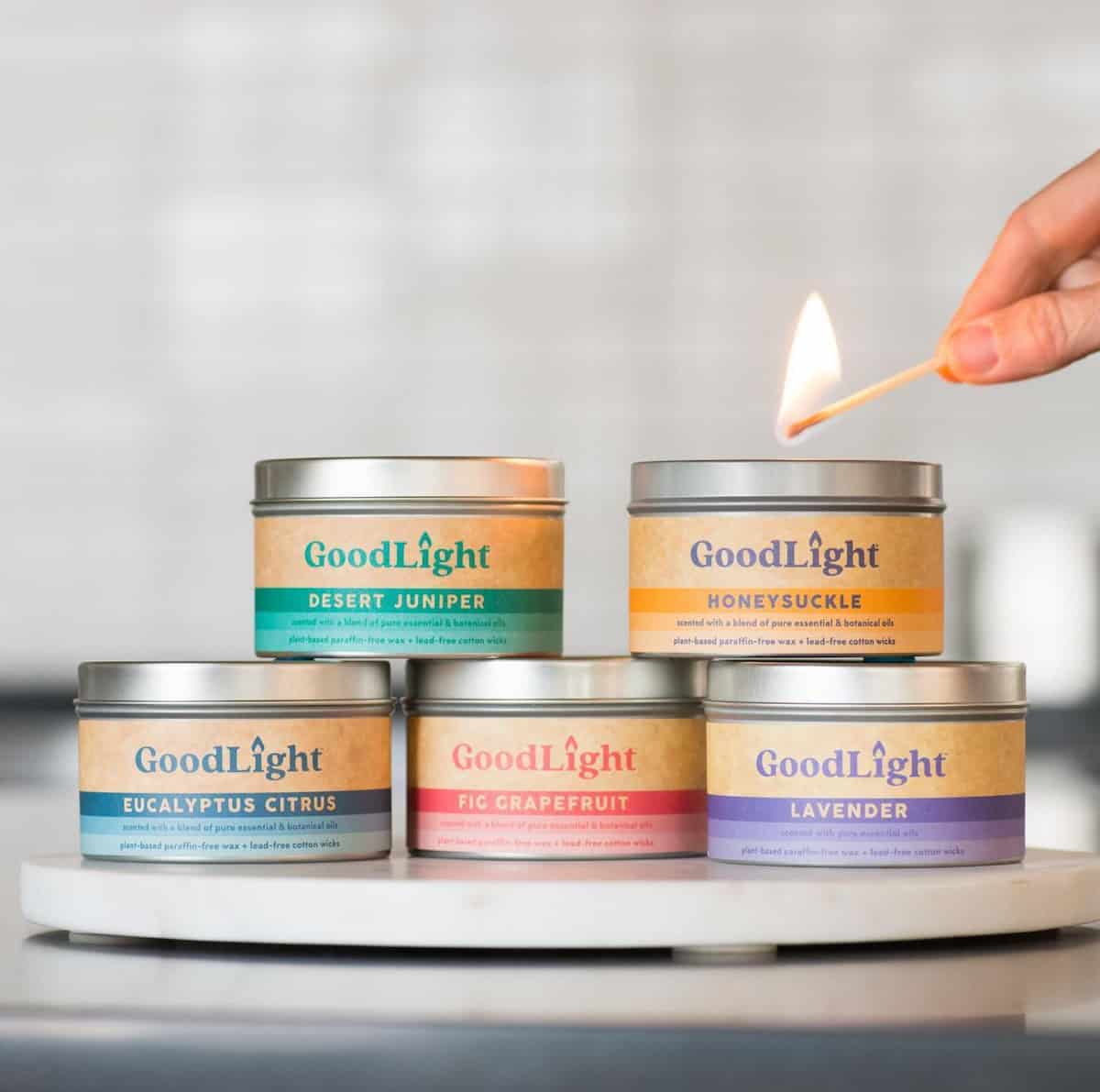 A collection of GoodLight vegan candles.