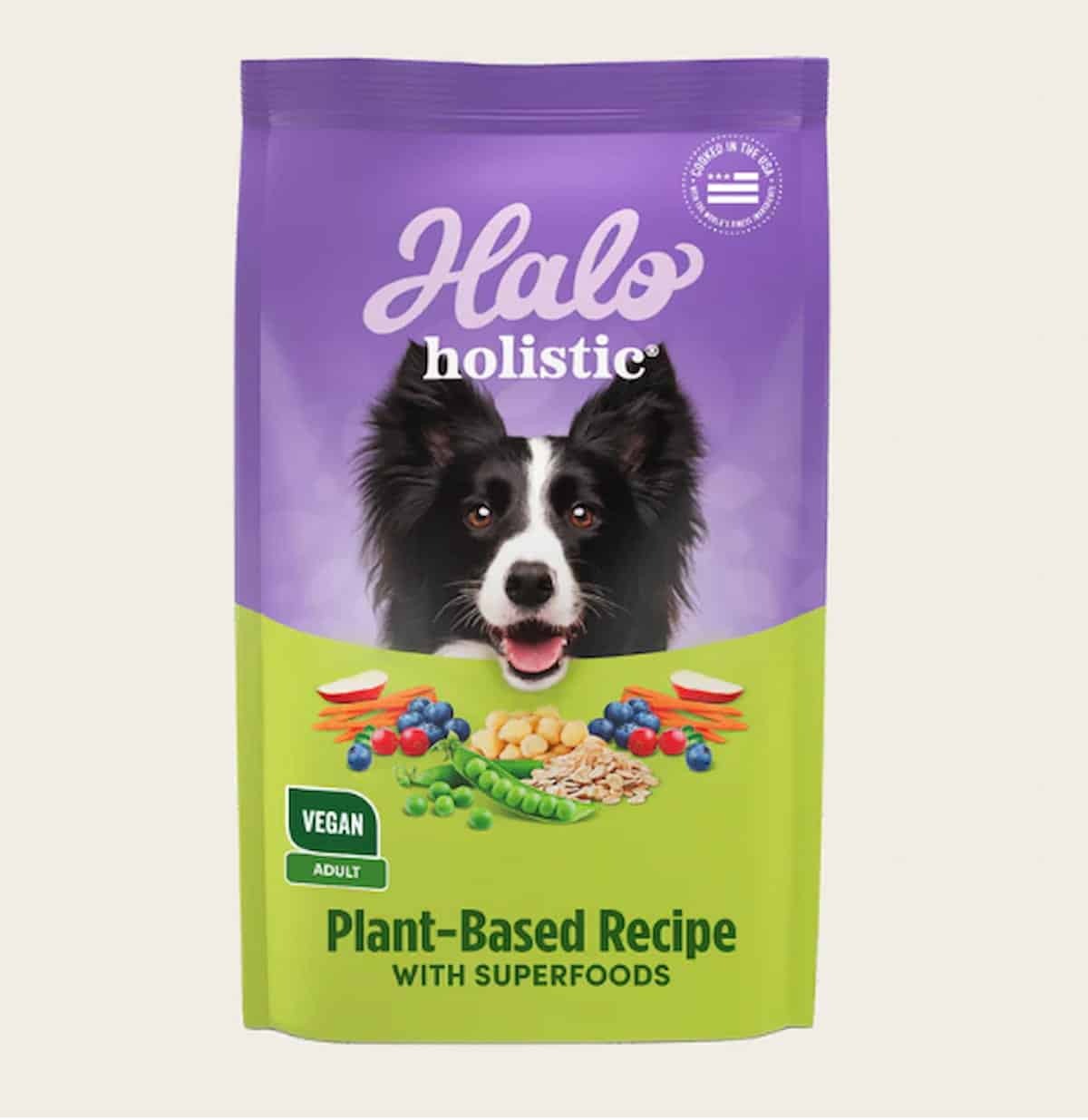 A bag of Halo holistic plant-based recipe dog food.