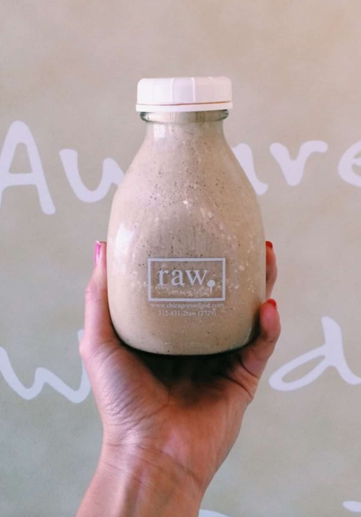 A bottle of raw hazelnut milk at Chicago Raw.