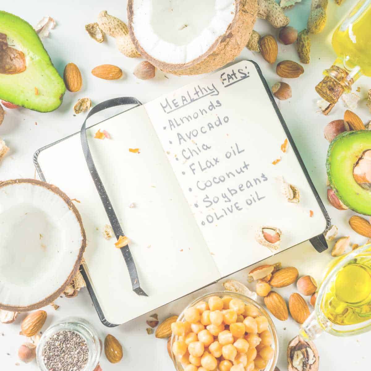 Notebook on a table listing healthy fats surrounded by high fat vegan foods like avocado, nuts, seeds, coconut, beans, oil.