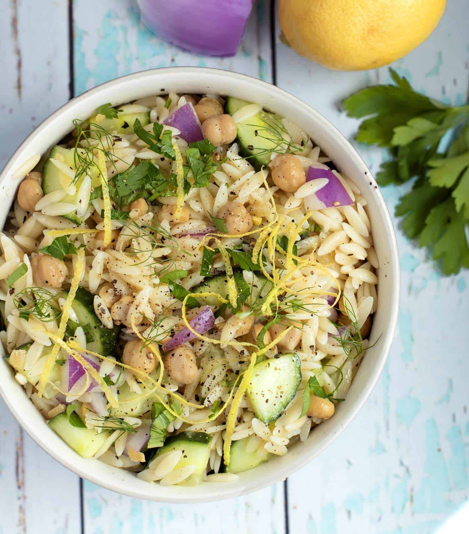 Herby Vegan Chickpea Orzo Salad