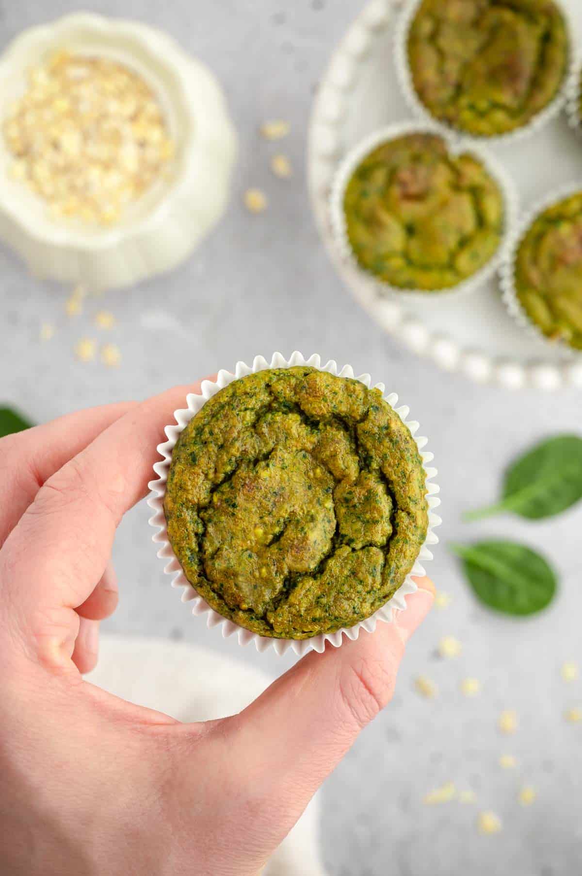 Hand holding out a healthy green toddler muffin with spinach and oats in the background. 
