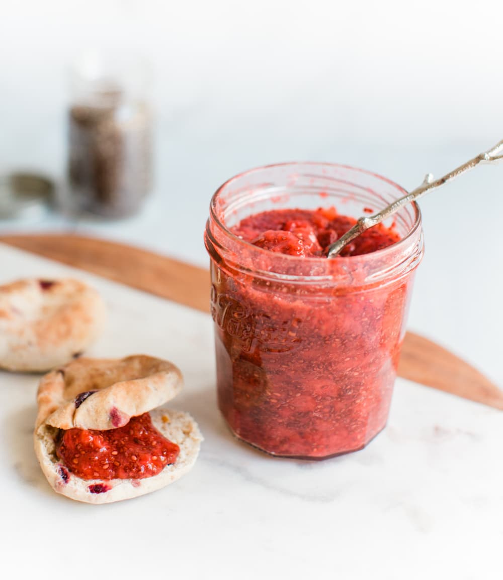 A jar of homemade strawberry chia jam.