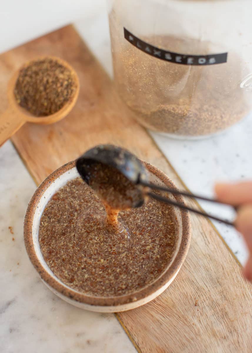 Small ramekin of flax egg with one tablespoon ground flaxseeds flaxmeal and water.