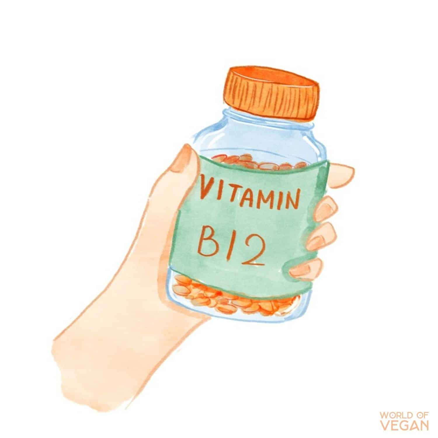 Illustrated art graphic of a hand holding a vitamin b12 bottle.