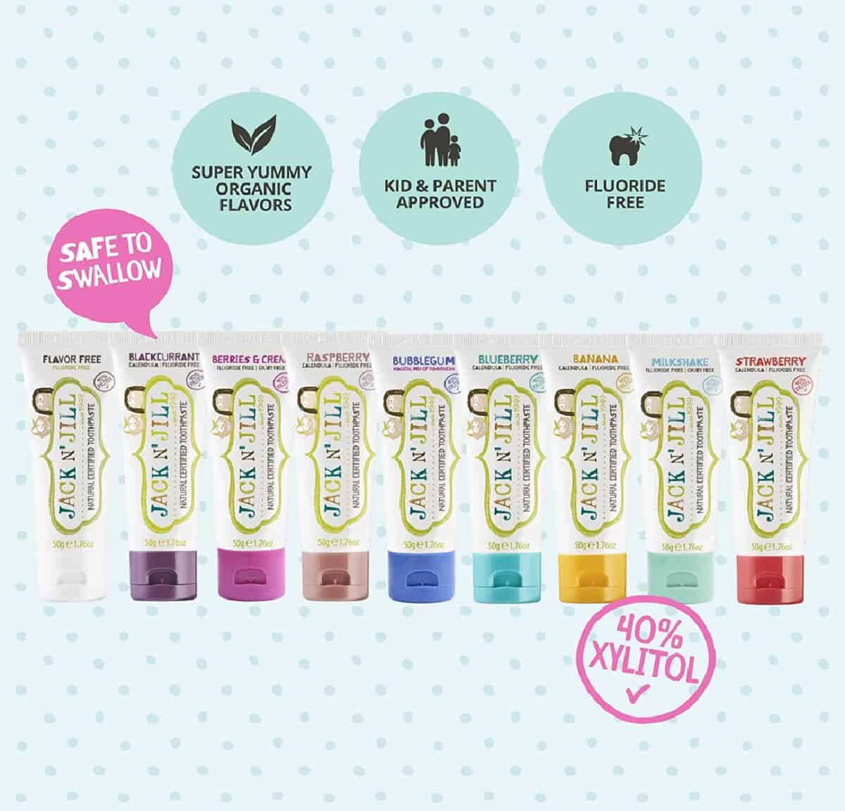 Nine tubes of colorful Jack N Jill toothpaste in nine different flavors against a green and white polka dot background. 