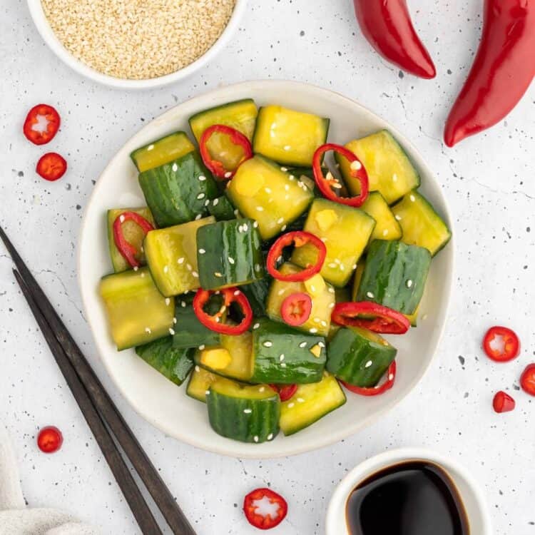 Japanese pickled cucumbers, served in a white bowl.